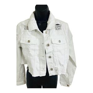 White Ultra distressed frayed destroyed crop denim jeans jacket size small new‎